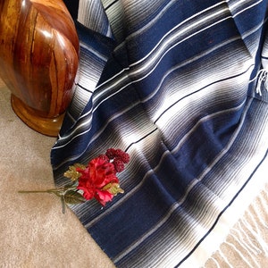 Blankets serape black and white Mexican Saltillo striped Beautiful colors white fringe extra Large  86” X 62”