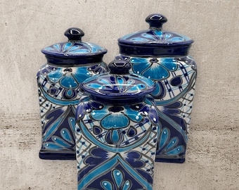 Canister set of 3 Large tourquise blue ,cobalt blue and white rim Hand Painted Hand crafted beautiful XL