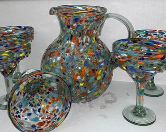 Margaritas pitcher set and 6 margarita glasses pebble beautiful hand blown elegant with a touch of class 16 ounce very sturdy