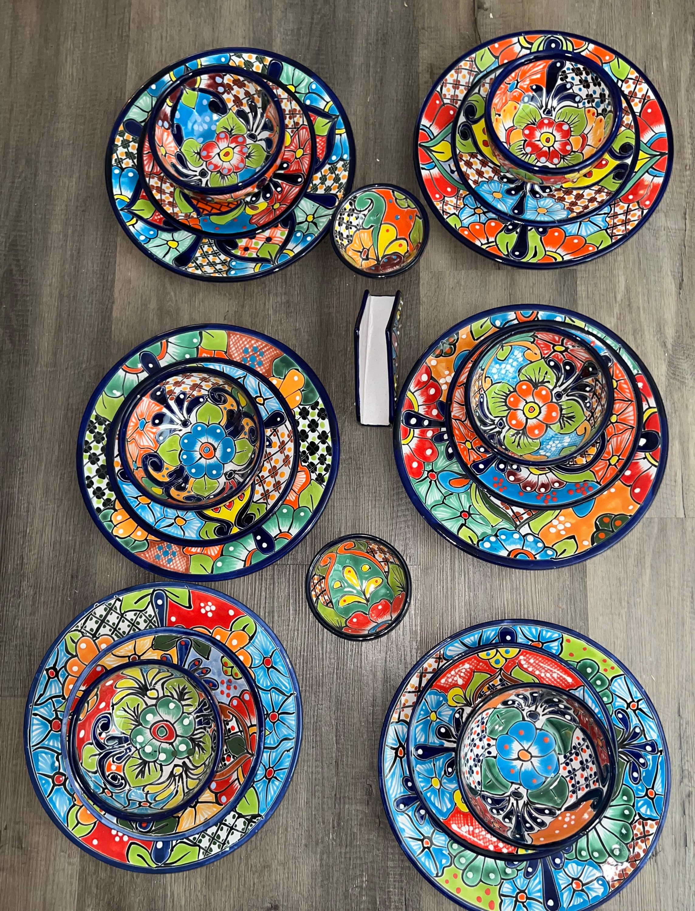 Talavera Dinnerware Set: Cobalt Blue Rim, Floral Design - 25 Piece - Etsy