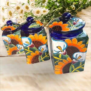 Talavera Sunflowers and Lilies 3 Piece Canisters Set Handcrafted hand painted X8