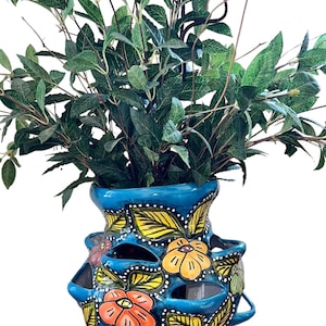 Talavera Strawberry Planter: Turquoise Blue, Multicolored Flowers, 10 Side Pockets