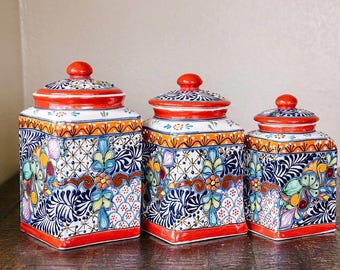 Canister set of 3 white background Red Rim Talavera handpainted