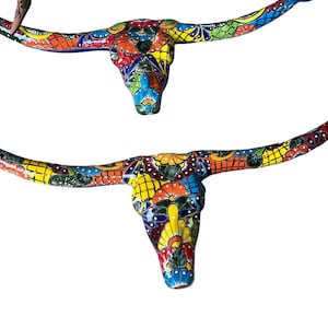 Talavera long horns cow  cobalt blue with multicolored  42” length