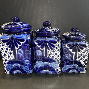 Canister set of 3 Large blue and white rim Hand Painted Hand crafted beautiful XL
