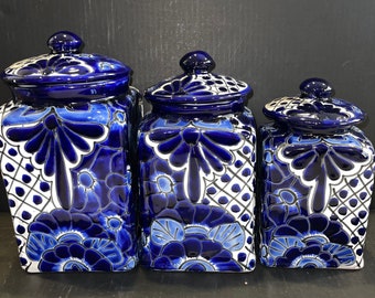 Canister set of 3 Large blue and white rim Hand Painted Hand crafted beautiful XL