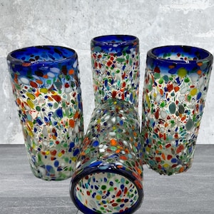 Handblown Multicolored Glass Tumblers with Blue Rim - Set of 2