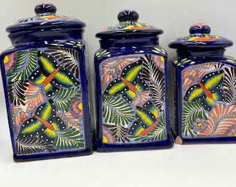 Talavera Canister Set of 3, Cobalt Blue Butterfly Floral, Mexican Kitchen Decor
