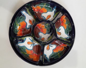 Talavera Cobalt Blue sunflower and Lilies Multicolored Chip Dip Platter 7 Pc Appetizer Tray Handcrafted in Mexico 12.5 beautiful