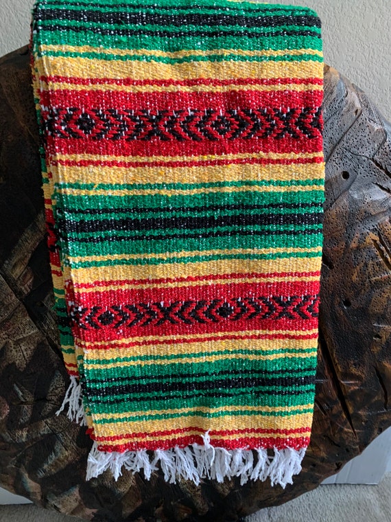Blanket Rasta Handmade Mexican Yellow Green Red Stripes Black Aztec Lines White Fringe Handmade Beautiful Vibrant Colors XL Etsy