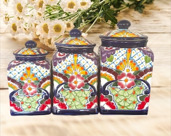 Talavera Canister Set of 3 : Cobalt Blue Rim, Floral Mexican Folk Art