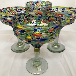 Margaritas Glasses sets Rock fiesta Pebble Hand blown Mexican beautiful 7"x 5.5  extra large glasses sturdy holds 16oz