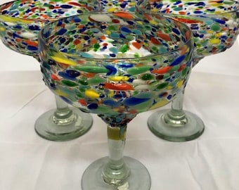 Margaritas Glasses sets Rock fiesta Pebble Hand blown Mexican beautiful 7&quot;x 5.5  extra large glasses sturdy holds 16oz