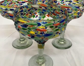 Margaritas Glasses sets Rock fiesta Pebble Hand blown Mexican beautiful 7"x 5.5  extra large glasses sturdy holds 16oz