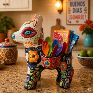 May include: A ceramic llama-shaped utensil holder featuring a black base with vibrant, multi-colored floral patterns and intricate decorative details. The llama holds a collection of colorful plastic forks and patterned paper napkins.
