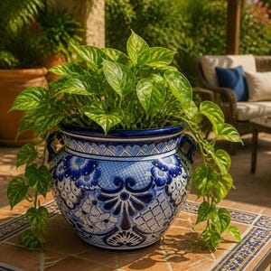 May include: A round ceramic planter featuring a blue and white hand-painted floral and geometric pattern with two side handles. The planter contains a lush green pothos plant with variegated heart-shaped leaves that spill over the sides.