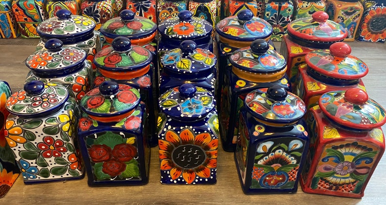 Canister set Talavera 3 Piece Handcrafted Folk art Talavera Mexico Ceramic, Floral, Colorful, Vibrant variety of colors to choose from image 2