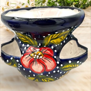 Puede incluir: Una maceta de cerámica azul con lunares blancos y un diseño de flores rojas. La maceta tiene tres aberturas para plantas.