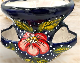 Talavera jordgubbskruka: Koboltblå, flerfärgade blommor, design med 3 fickor