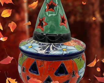 Talavera pumpkin  with hat Jack o lantern candle holder Halloween  pumpkin