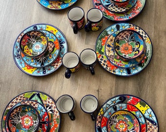 Talavera Dinnerware 35 Piece Mexican Set/Seating for 8 Vibrant Dishes with Floral Patterns, Lead Free, Heat Safe