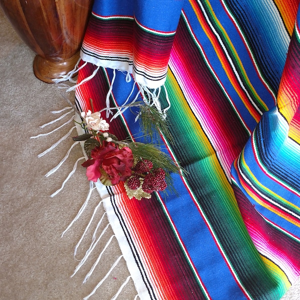 Traditional Mexican Dark Blue Saltillo Serape Blanket Multicolored Rainbow Southwest White Fringe XL Handmade