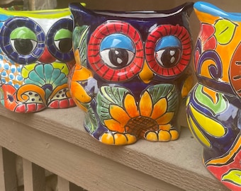 Big Owl hoot Planter Talavera so cute with a lot of personality love multicolored has face on the front and back