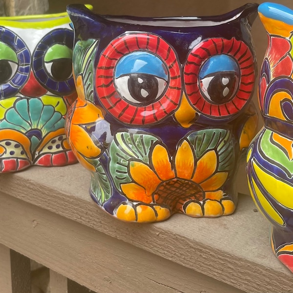 Big Owl hoot Planter Talavera so cute with a lot of personality love multicolored has face on the front and back