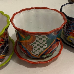 Talavera Flower Planters with water hole and plate to catch the extra water is Beautiful color Mexican folk art 8”X6”