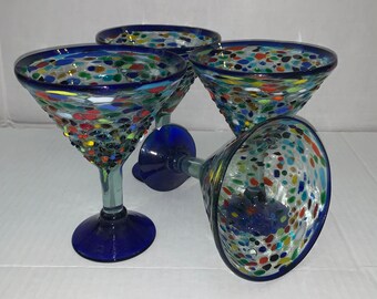 Hand Blown Martini Glasses: Blue Rim Pebble Design, Set of 2, 4, or 6