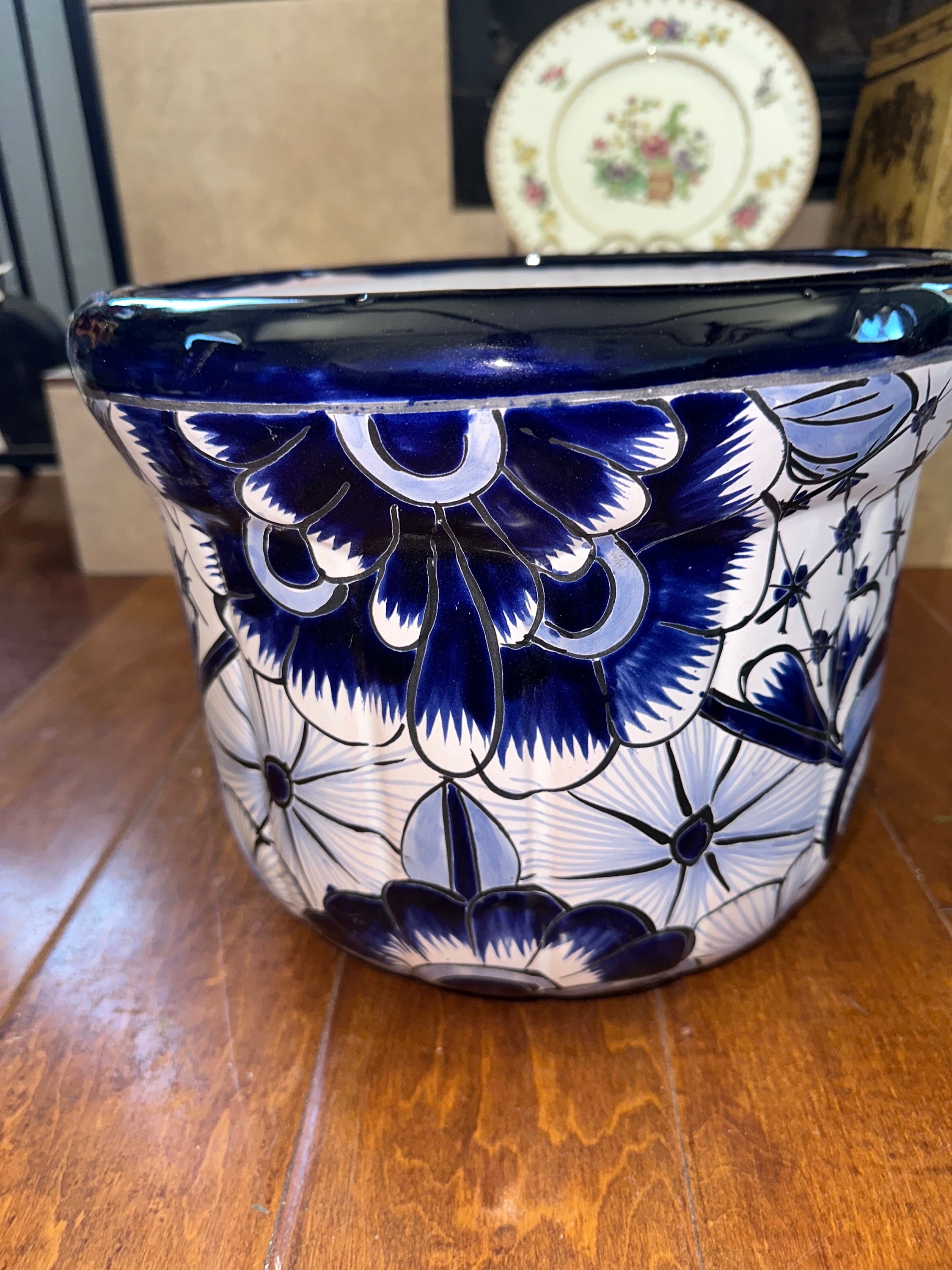 Talavera Pottery Ceramic Yarn Bowl Knitting Bowl Crochet Bowl royal Border  