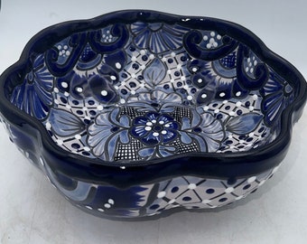 Talavera bowl scalloped cobalt blue and white   serving side bowl