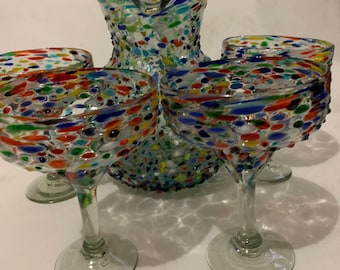 Pitcher Set of 7  Margarita glasses Pebble rich in color beautiful hand blown