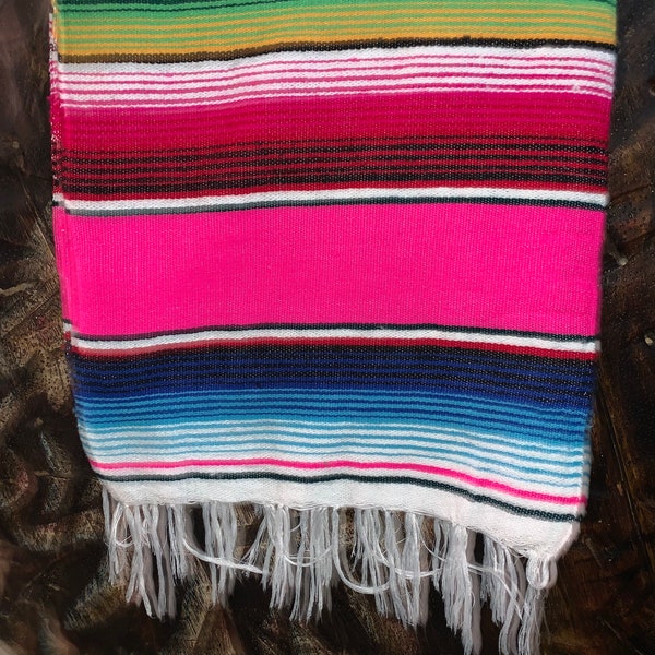 Blankets Mexican Serape Pink, and Rainbow Striped with white fringe EXTRA LARGE 84" X 60" handcarfted