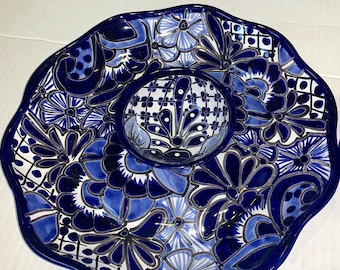 Talavera Appetizer Tray Cobalt Blue and White  Platter 2 Piece Set, 1 Ribboned 12&quot; Plate 2&quot; Depth, 1 Small Salsa Bowl 2.5&quot;