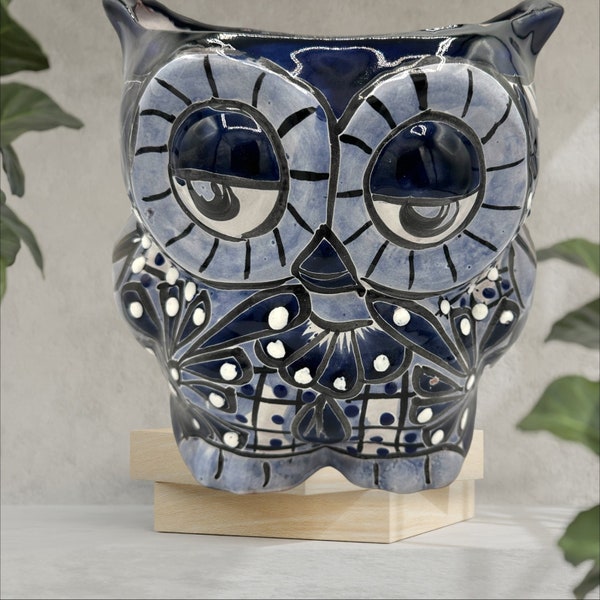 Big Owl woot Planter Talavera so cute with a lot of personality love blue and white has face on  the front and back with not detail
