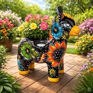 May include: A black ceramic donkey planter featuring hand-painted floral patterns in vibrant shades of orange, blue, green, and yellow. The donkey has a glossy finish, a yellow muzzle, and a circular opening on its back for holding small potted plants.
