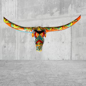 Talavera long horns cow orange with turquoise blue with multicolored 42” length