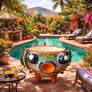 May include: A large, round, ceramic planter shaped like a pufferfish with a wide, open mouth. The planter features vibrant orange, green, and black hand-painted patterns, large protruding eyes, and three sturdy legs for stability on a patio.