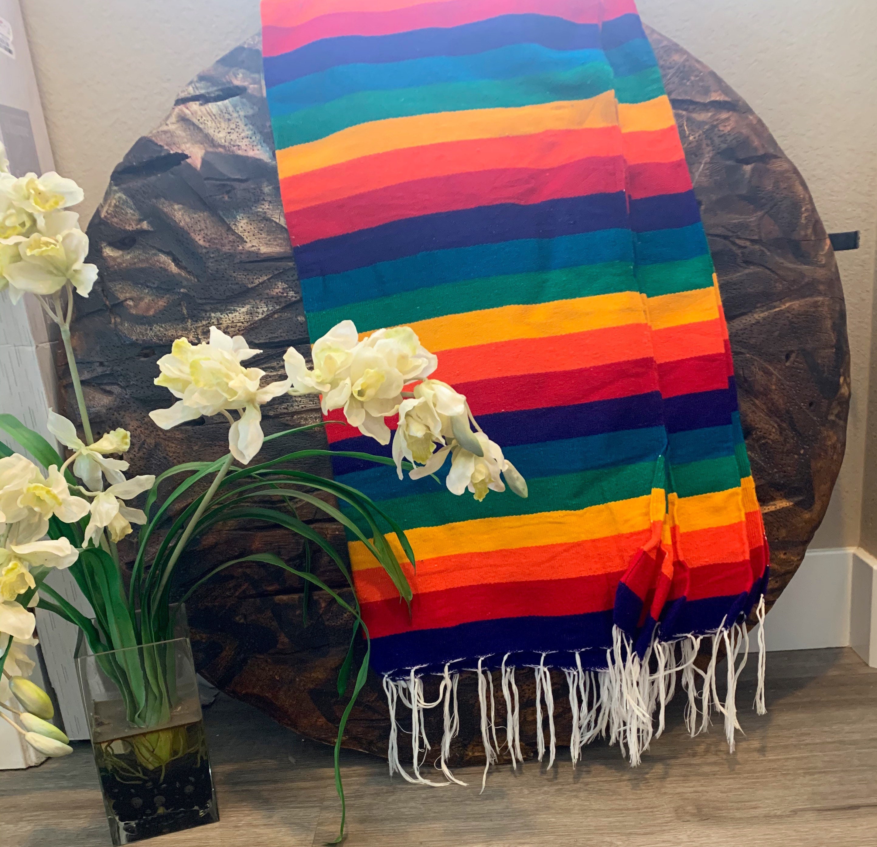 Rainbow Serape Pride Rainbow blanket Mexican Southwest White Etsy