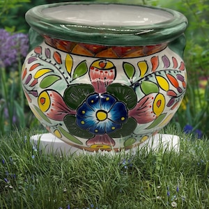 Talavera Flower Planters green with multicolored flowers is beautiful color Mexican Folk art.