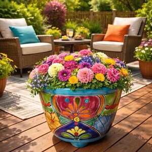Talavera-Pflanzgefäß mit Füßen, mehrfarbig, mit handbemalten Blumen auf der Vorderseite