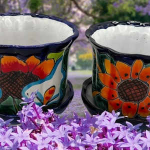 Talavera  planter Flower with water hole and plate to catch the extra water is Beautiful color Mexican folk art  4”x 6&quot;