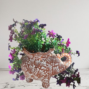 Elephant planter Mexican pottery brown with white  swrils