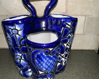 Utensil ceramic Talavera holder  Cobalt Blue and white Pottery 4 compartments