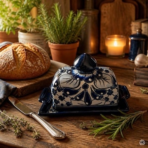 Peut inclure: Un beurrier rectangulaire en céramique avec couvercle, orné d'un motif floral bleu foncé et blanc. Le beurrier possède une base assortie bleu foncé avec des poignées latérales et un bouton pointu sur le couvercle, accompagné d'un couteau à beurre.