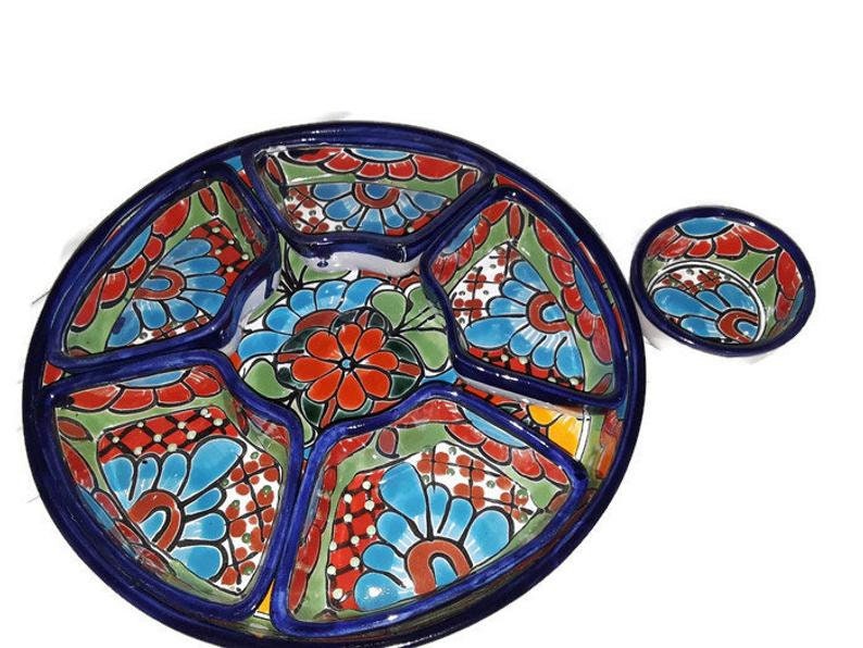 Appetizer Tray Talavera Mexican Folk Art Cobalt Blue Multicolored Chip Dip Platter 7 Pc Handcrafted in Mexico 12.5 beautiful image 3