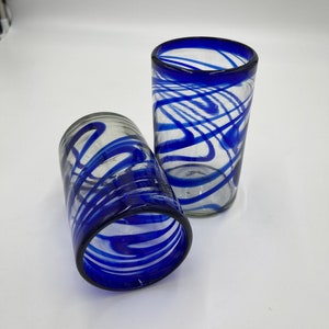 Tumblers Glasses blue Swirl Set of 2 or 4 Hand blown  10 inch diameter 5” X 3” elegant Glass  12oz