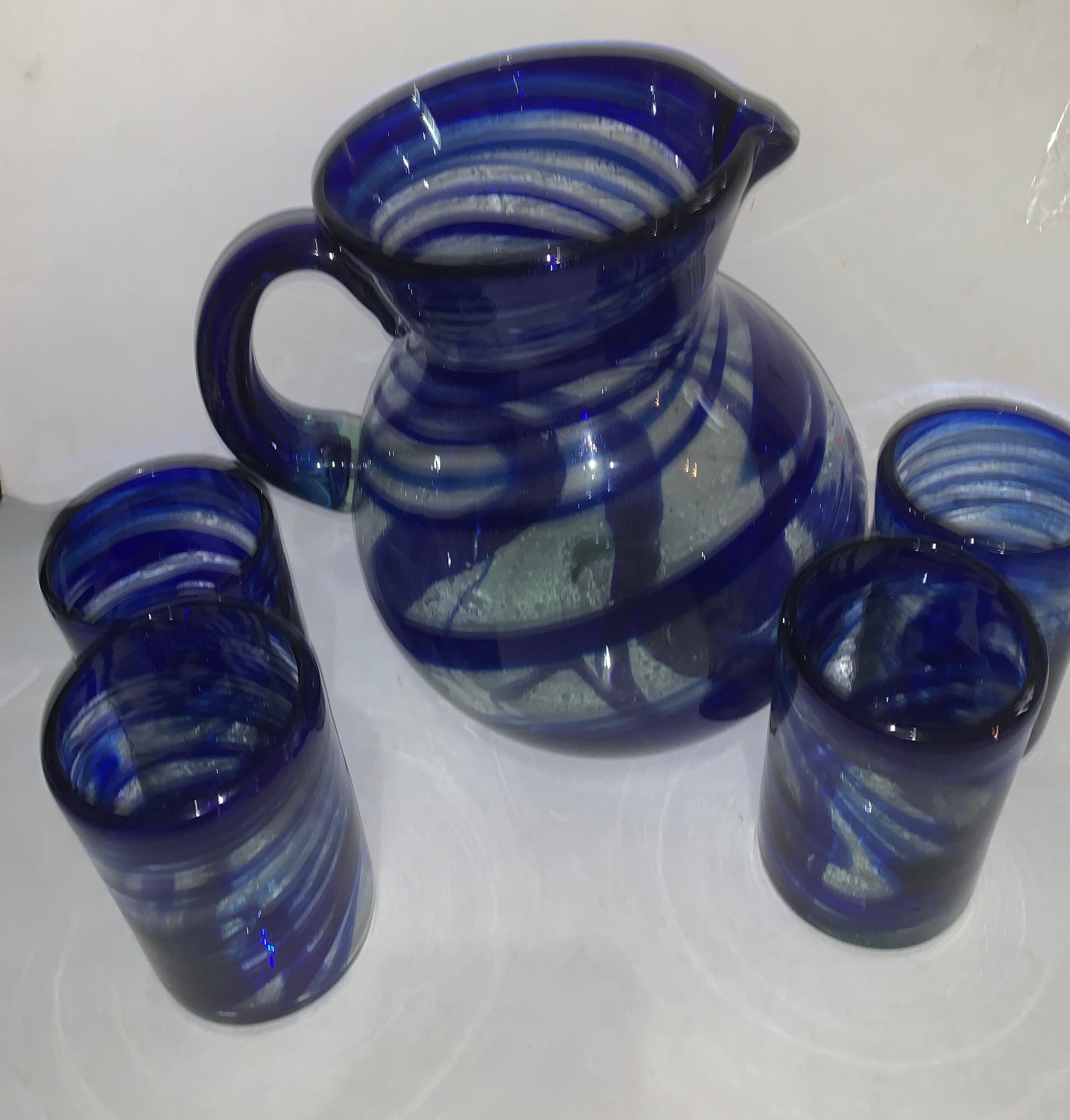 Pitcher Set of 7 Tumblers Blue Swirl Glass Beautiful Hand - Etsy