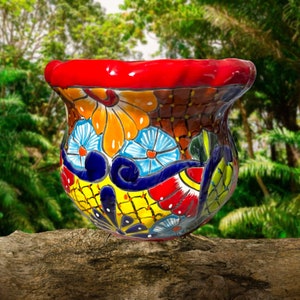 Talavera Flower extra Large Planters Red Rim Multicolored beautiful color Mexican Folk art.